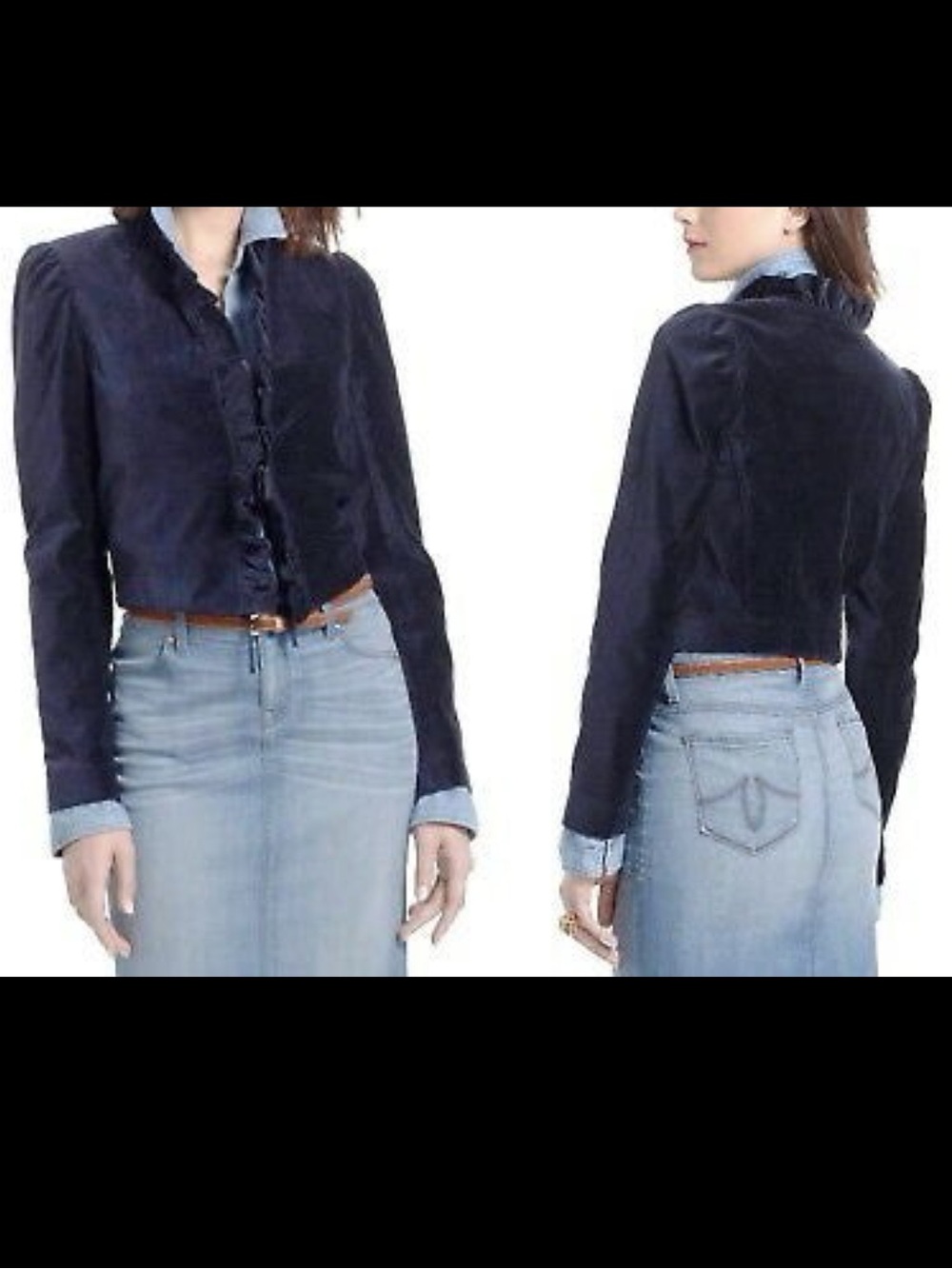leifsdottir Navy Velvet Ruffle-Trim Open Front Jacket